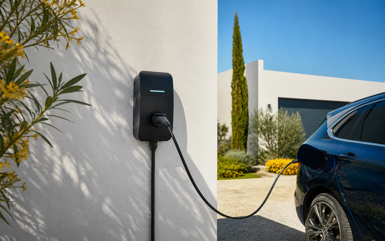 Borne de recharge pour véhicule électrique installée devant une maison
