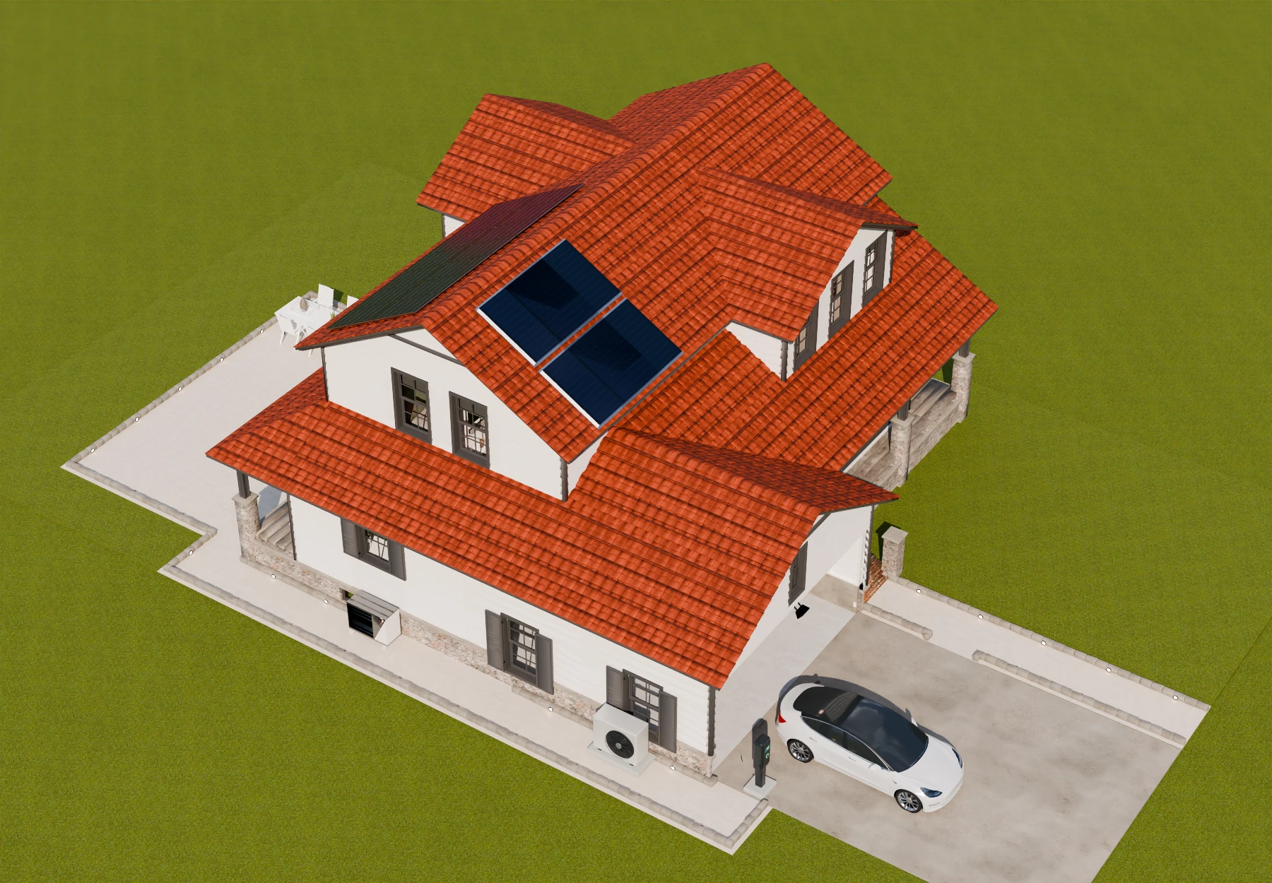 Vue de la maison E2S avec ses panneaux solaires, sa pompe à chaleur et la Tesla en recharge